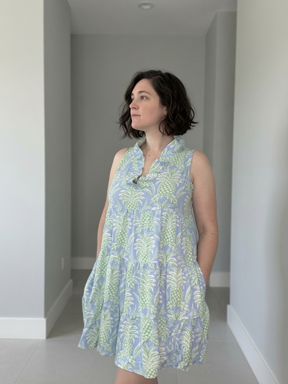 Crown & Ivy Pineapple Print Tiered Swing Dress with Pockets XS Blue Green